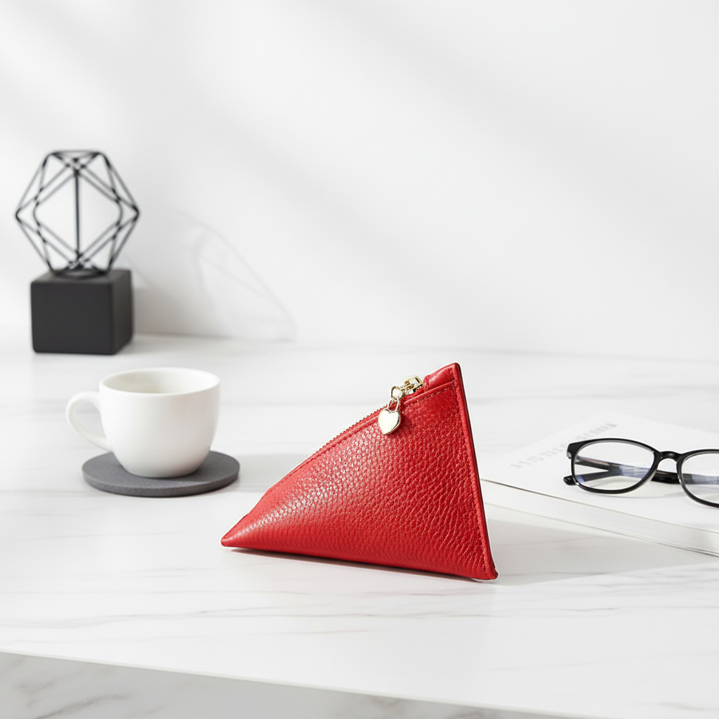 Genuine Leather Triangle Coin Purse – Compact Zipper Key Pouch