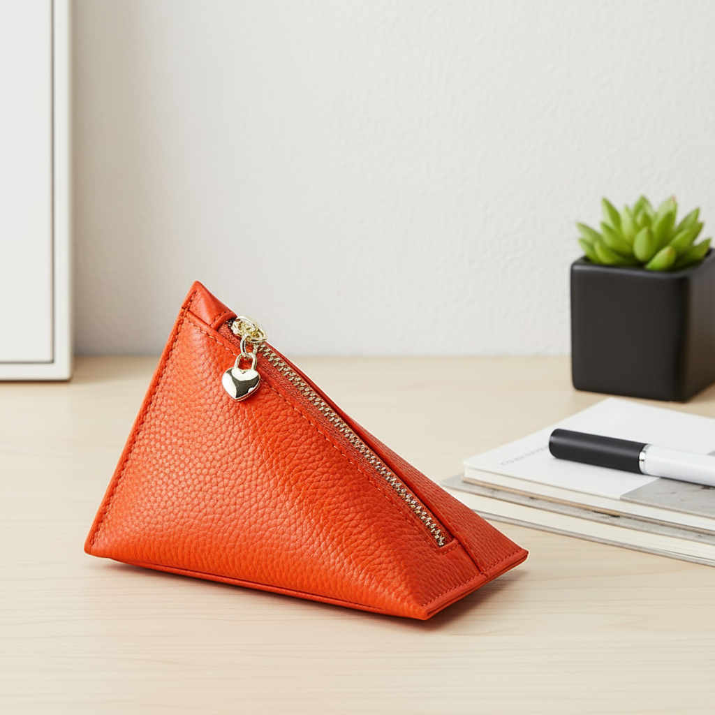 Genuine Leather Triangle Coin Purse – Compact Zipper Key Pouch