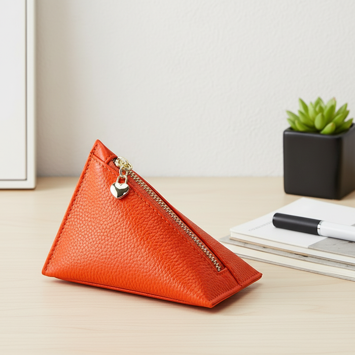 Genuine Leather Triangle Coin Purse – Compact Zipper Key Pouch