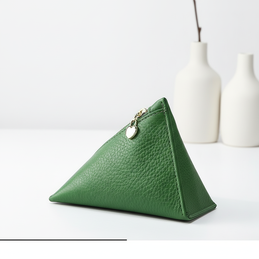 Genuine Leather Triangle Coin Purse – Compact Zipper Key Pouch