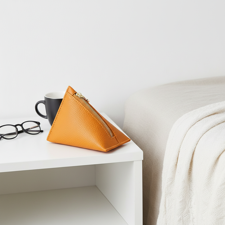 Genuine Leather Triangle Coin Purse – Compact Zipper Key Pouch