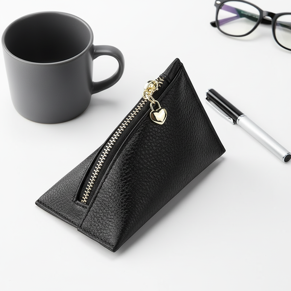 Genuine Leather Triangle Coin Purse – Compact Zipper Key Pouch