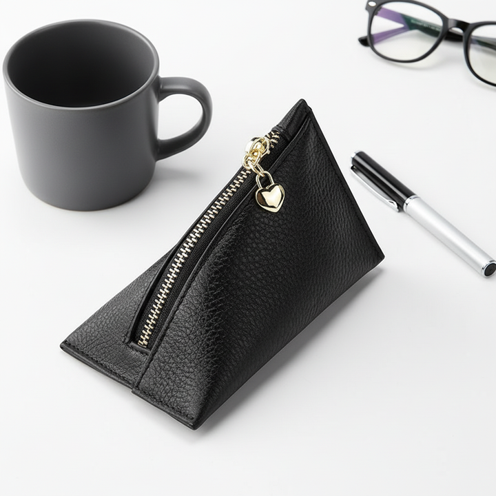 Genuine Leather Triangle Coin Purse – Compact Zipper Key Pouch