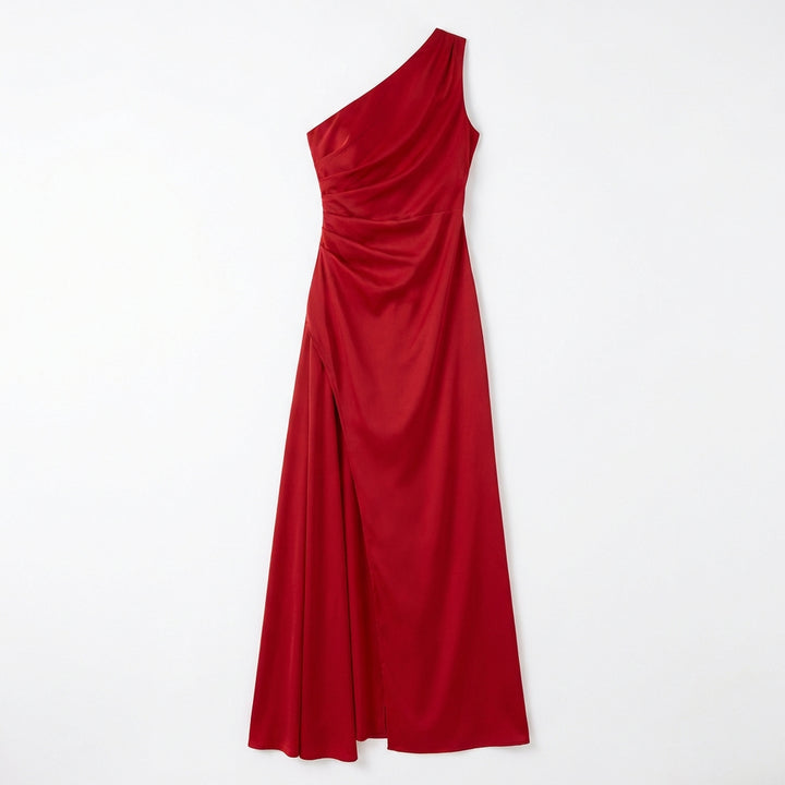 Women's One-Shoulder Backless Satin Maxi Dress – High Slit Elegant Bodycon Evening Dress