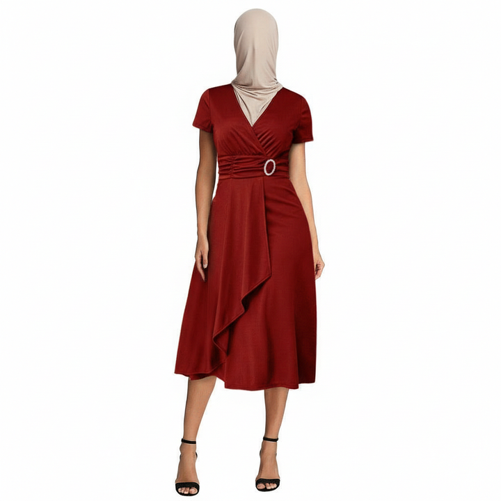 Sexy Asymmetrical V-neck Dress Women's High Waist Mid-length Solid Color Evening Dress