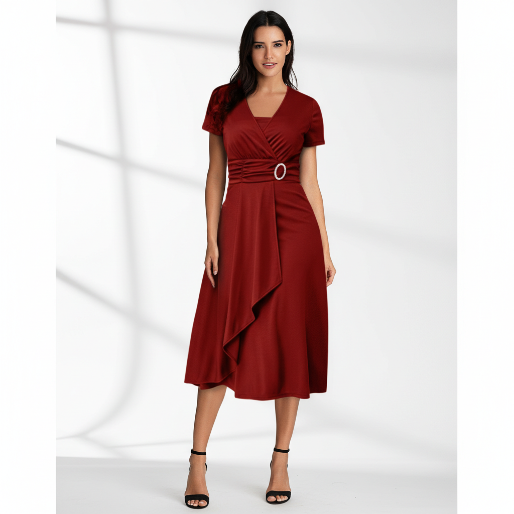 Sexy Asymmetrical V-neck Dress Women's High Waist Mid-length Solid Color Evening Dress