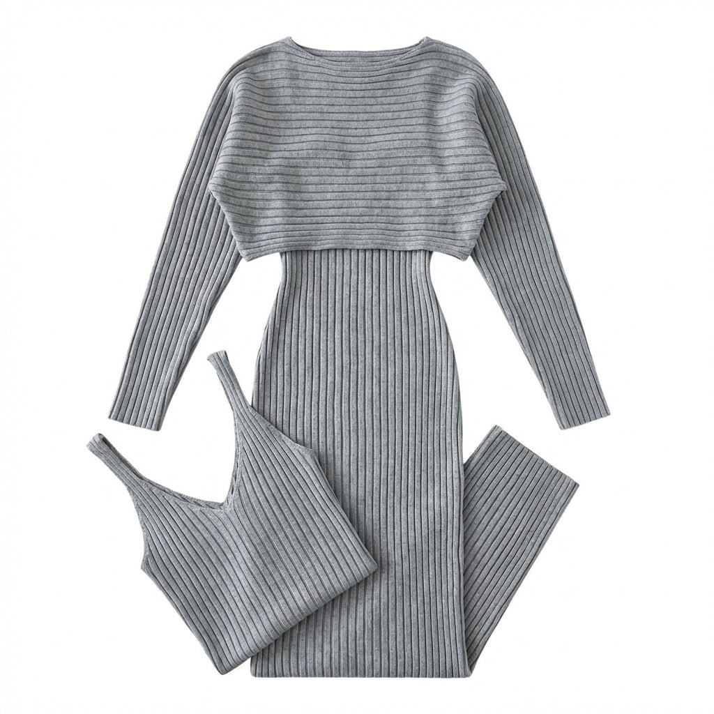 Women's Slim Fit 2-Piece Set – Stripe Long Sleeve Top & Bodycon Suspender Skirt