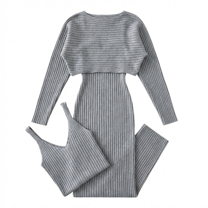 Women's Slim Fit 2-Piece Set – Stripe Long Sleeve Top & Bodycon Suspender Skirt