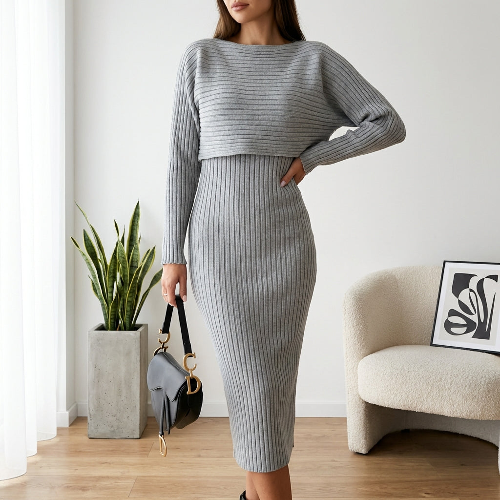 Women's Slim Fit 2-Piece Set – Stripe Long Sleeve Top & Bodycon Suspender Skirt