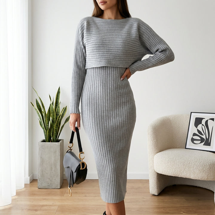 Women's Slim Fit 2-Piece Set – Stripe Long Sleeve Top & Bodycon Suspender Skirt