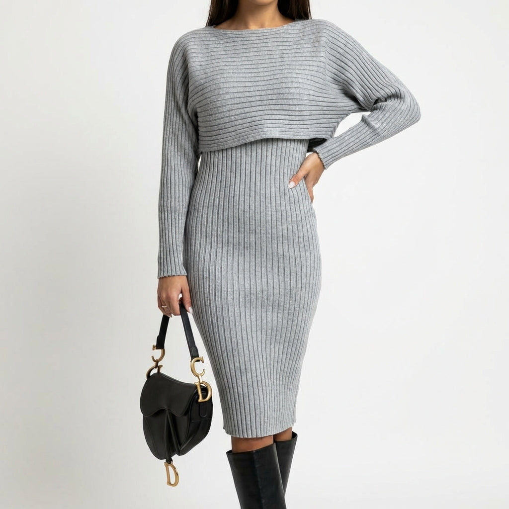 Women's Slim Fit 2-Piece Set – Stripe Long Sleeve Top & Bodycon Suspender Skirt