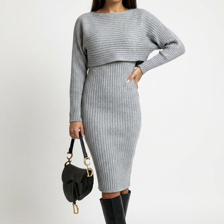 Women's Slim Fit 2-Piece Set – Stripe Long Sleeve Top & Bodycon Suspender Skirt