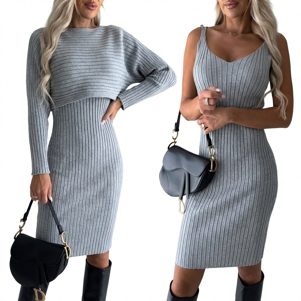 Women's Slim Fit 2-Piece Set – Stripe Long Sleeve Top & Bodycon Suspender Skirt