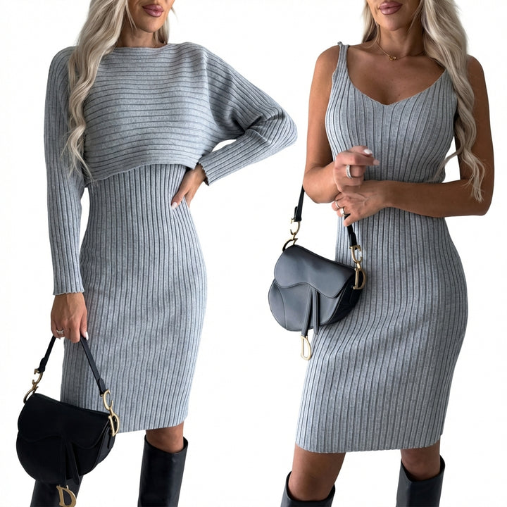 Women's Slim Fit 2-Piece Set – Stripe Long Sleeve Top & Bodycon Suspender Skirt