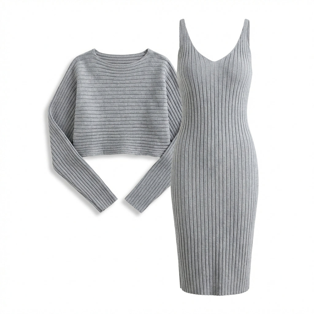 Women's Slim Fit 2-Piece Set – Stripe Long Sleeve Top & Bodycon Suspender Skirt