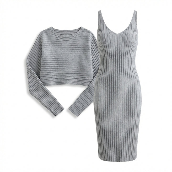 Women's Slim Fit 2-Piece Set – Stripe Long Sleeve Top & Bodycon Suspender Skirt