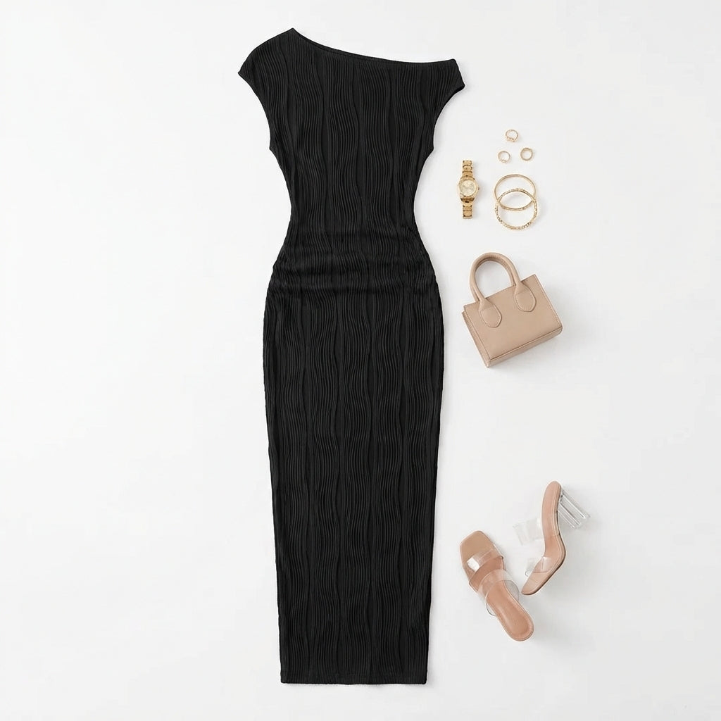 Cute Fashion Water Ripple Sloping Shoulder Dress