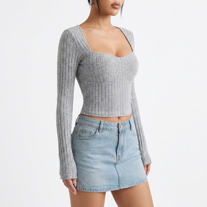 Women's Sunken Stripe Brushed T-shirt Short Midriff-baring Top
