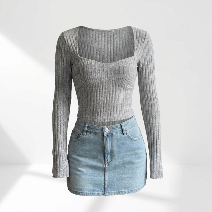 Women's Sunken Stripe Brushed T-shirt Short Midriff-baring Top