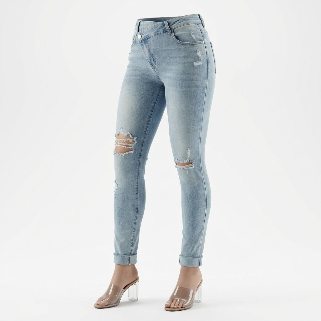 Women's Tear Washed Slim Fit Denim Jeans with Waist Belt