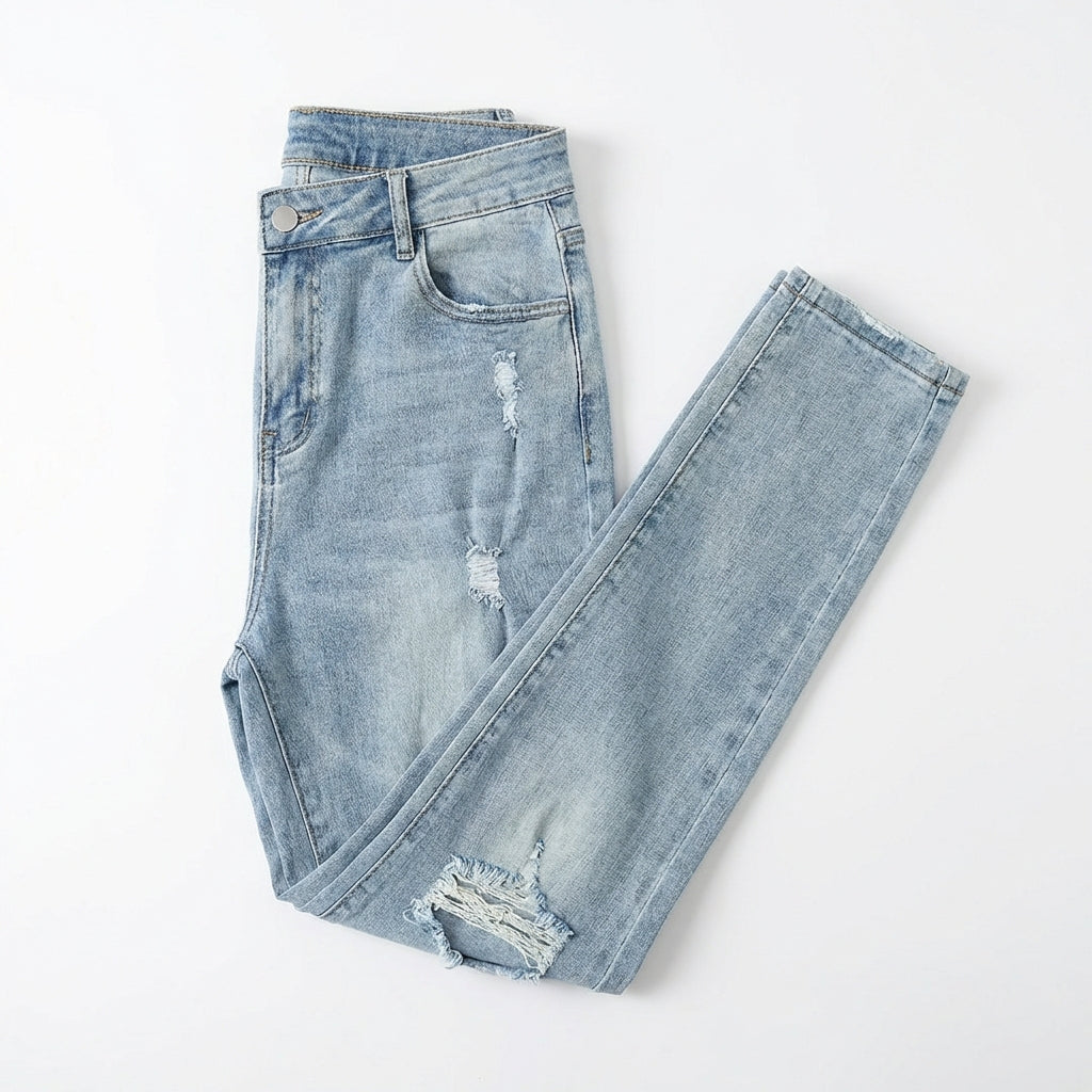 Women's Tear Washed Slim Fit Denim Jeans with Waist Belt