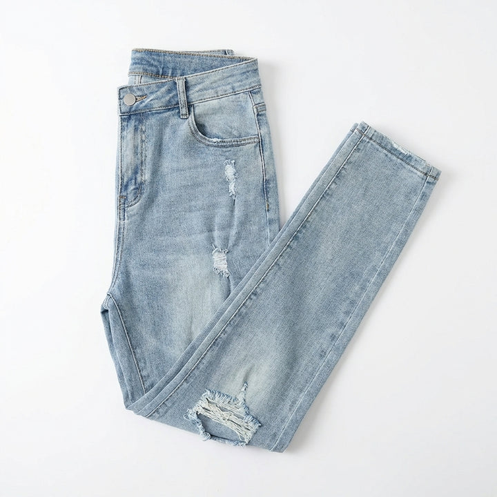 Women's Tear Washed Slim Fit Denim Jeans with Waist Belt