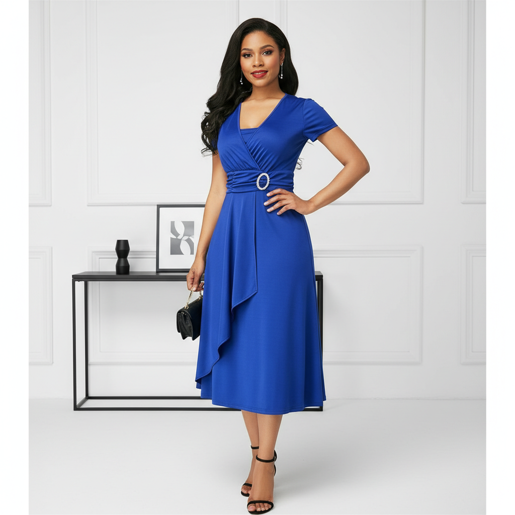 Sexy Asymmetrical V-neck Dress Women's High Waist Mid-length Solid Color Evening Dress