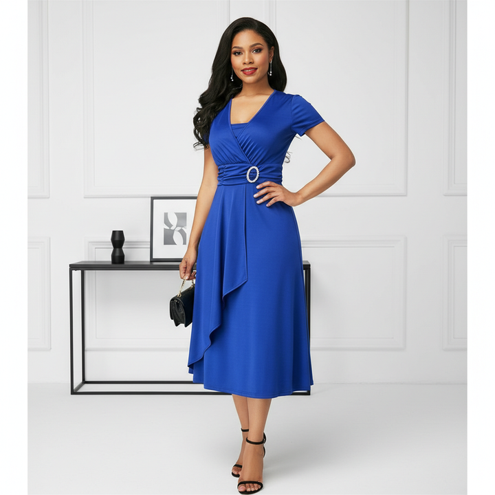 Sexy Asymmetrical V-neck Dress Women's High Waist Mid-length Solid Color Evening Dress
