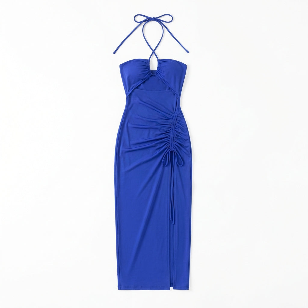 Halterneck Lace-Up Split Maxi Dress