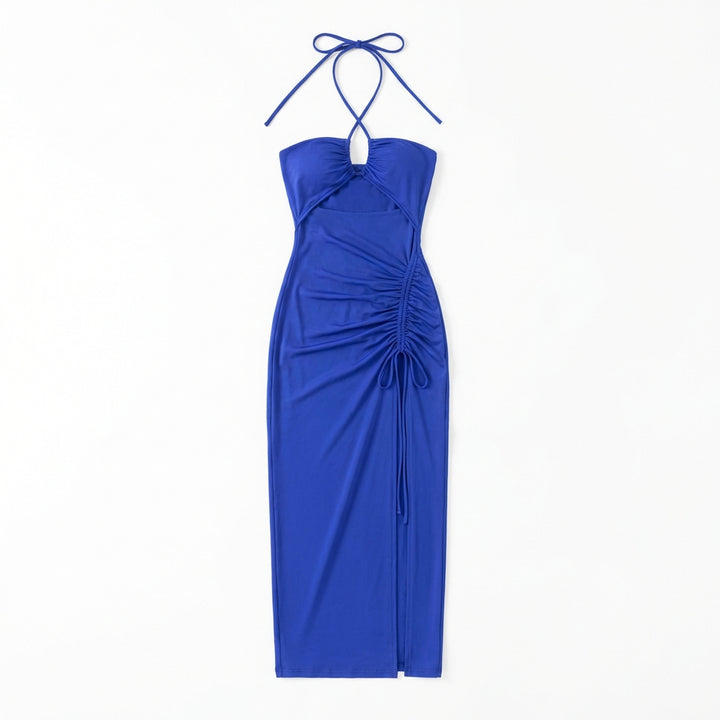 Halterneck Lace-Up Split Maxi Dress