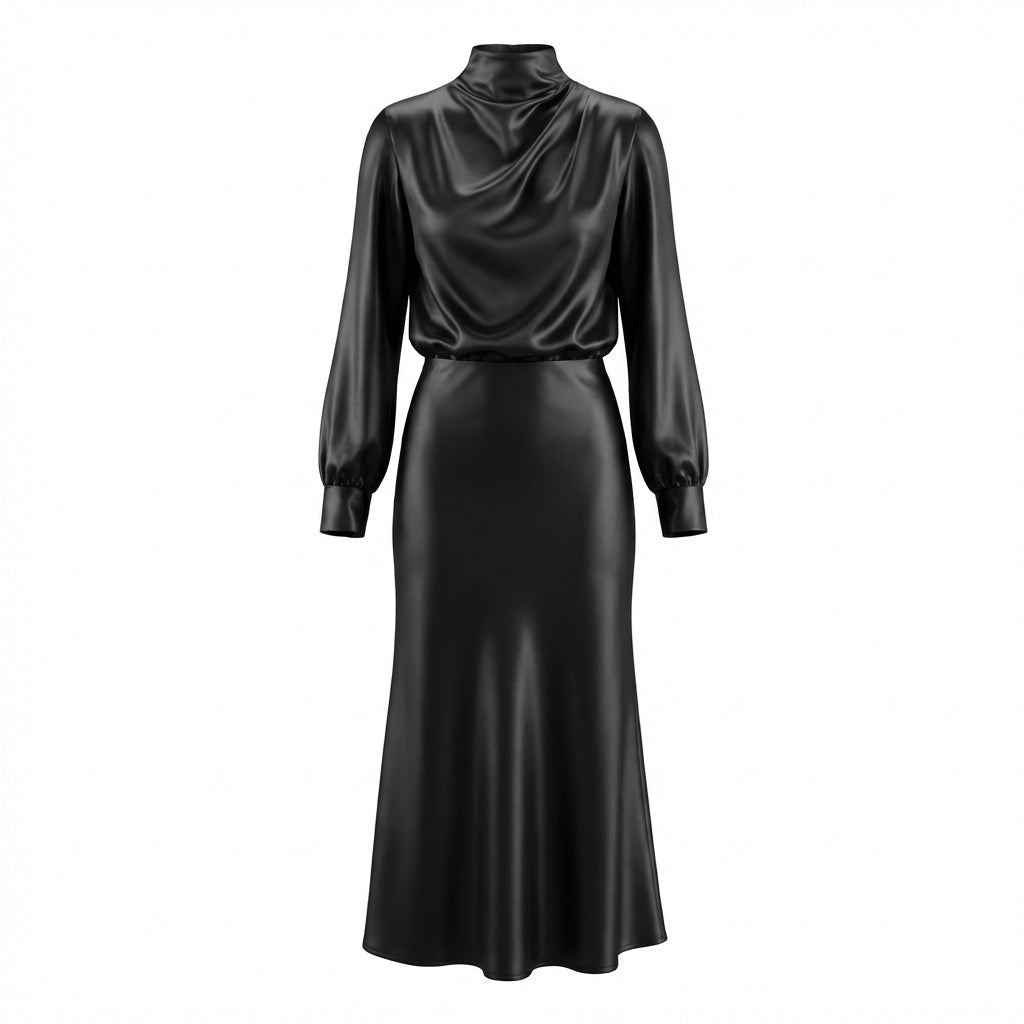 Elegant Temperament Long-sleeved Dress Satin Halterneck Formal Evening Dresses Women Clothing