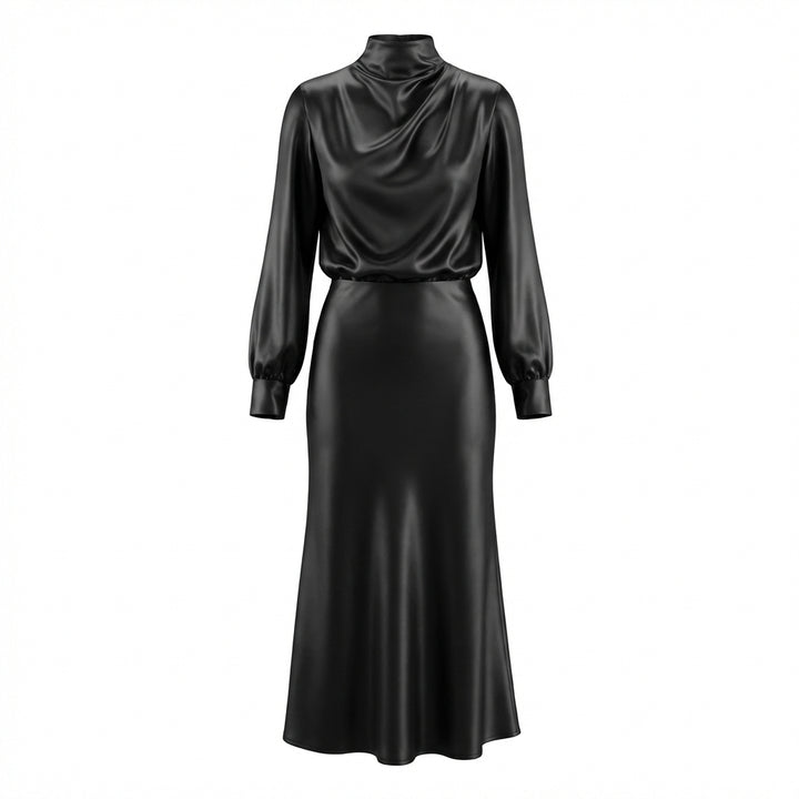 Elegant Temperament Long-sleeved Dress Satin Halterneck Formal Evening Dresses Women Clothing