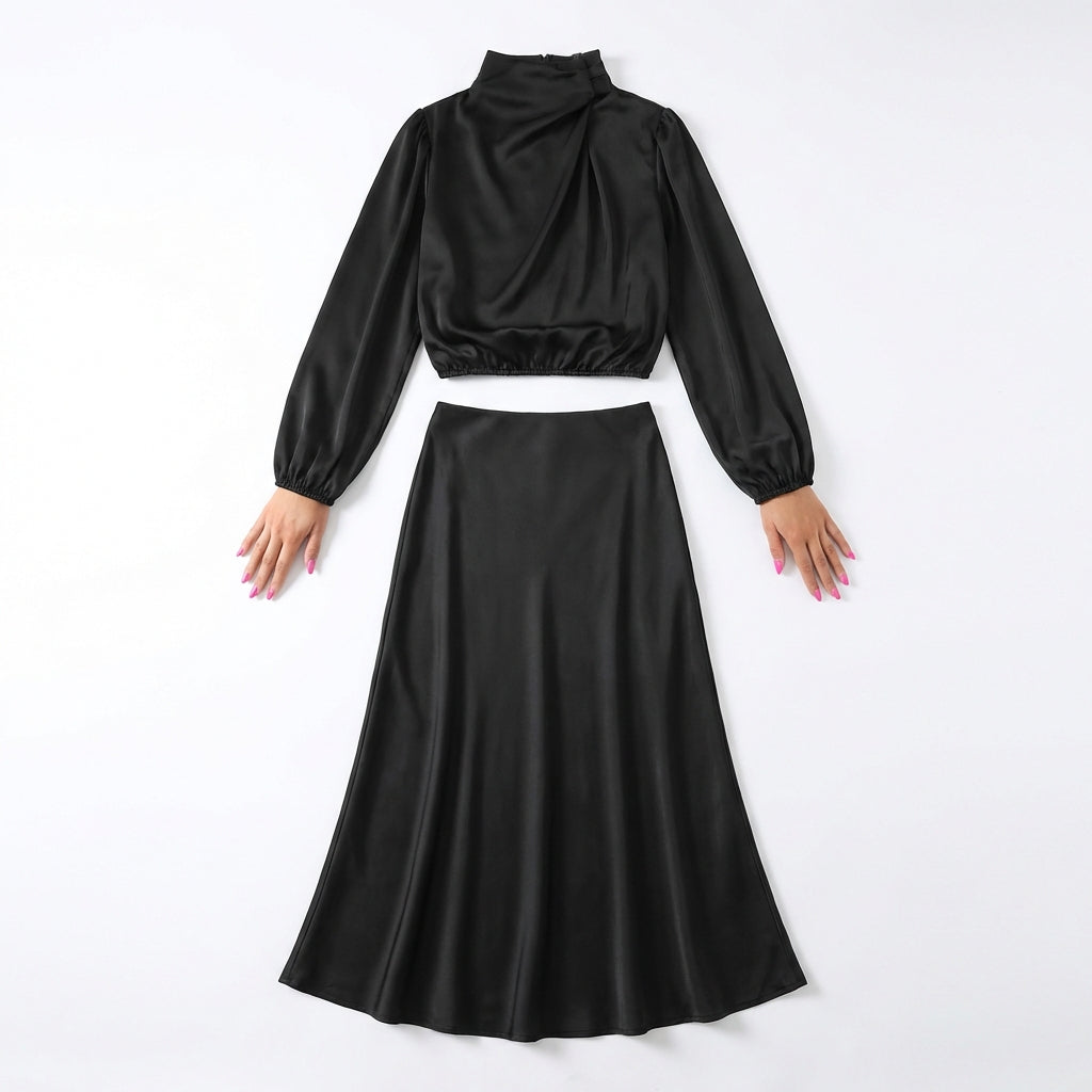 Elegant Temperament Long-sleeved Dress Satin Halterneck Formal Evening Dresses Women Clothing