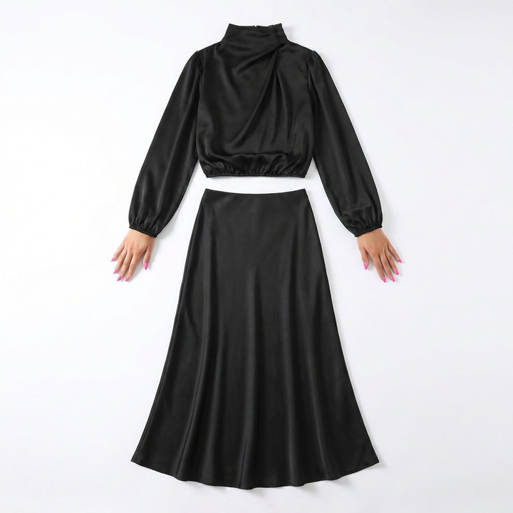 Elegant Temperament Long-sleeved Dress Satin Halterneck Formal Evening Dresses Women Clothing