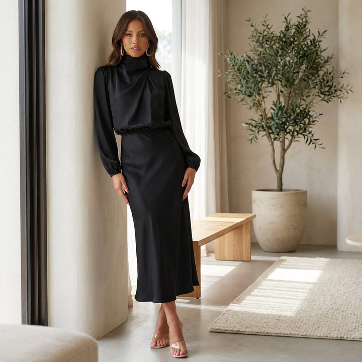 Elegant Temperament Long-sleeved Dress Satin Halterneck Formal Evening Dresses Women Clothing