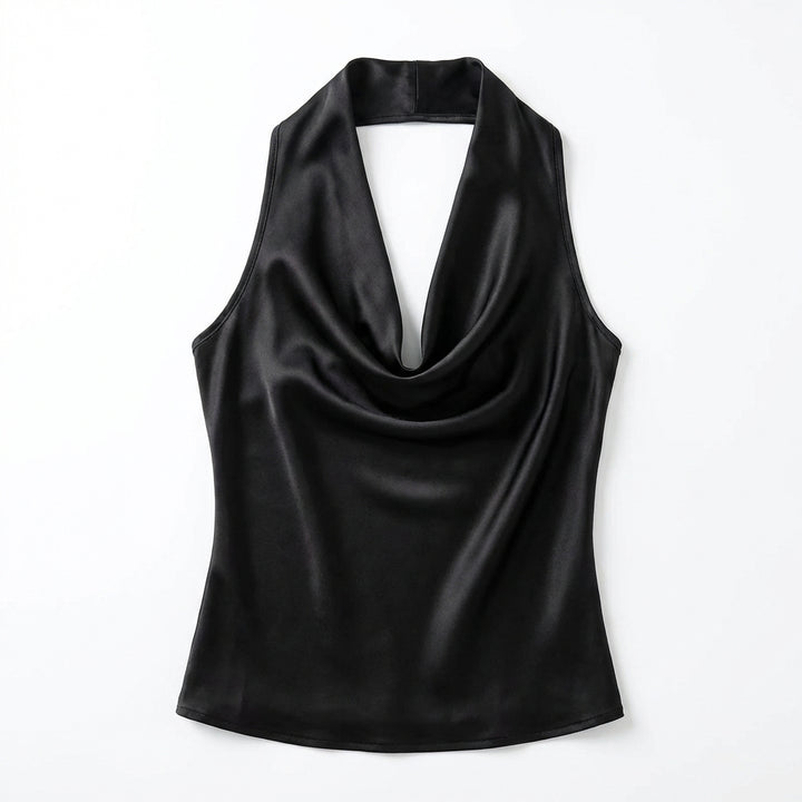 Women Solid Color Swing Collar Sleeveless Vest Trendy Elegant Shirt With Halter Neckline Backless Short Sleeve Tops Tshirts