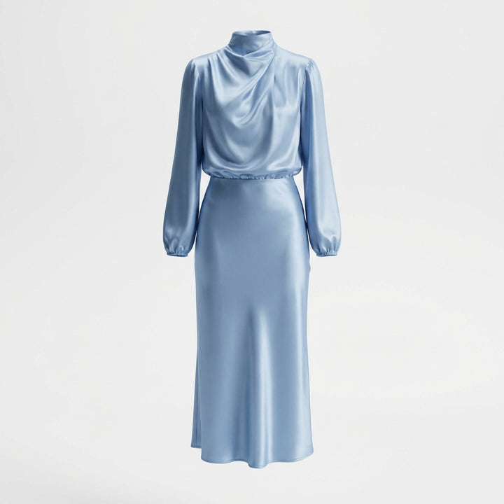 Elegant Temperament Long-sleeved Dress Satin Halterneck Formal Evening Dresses Women Clothing
