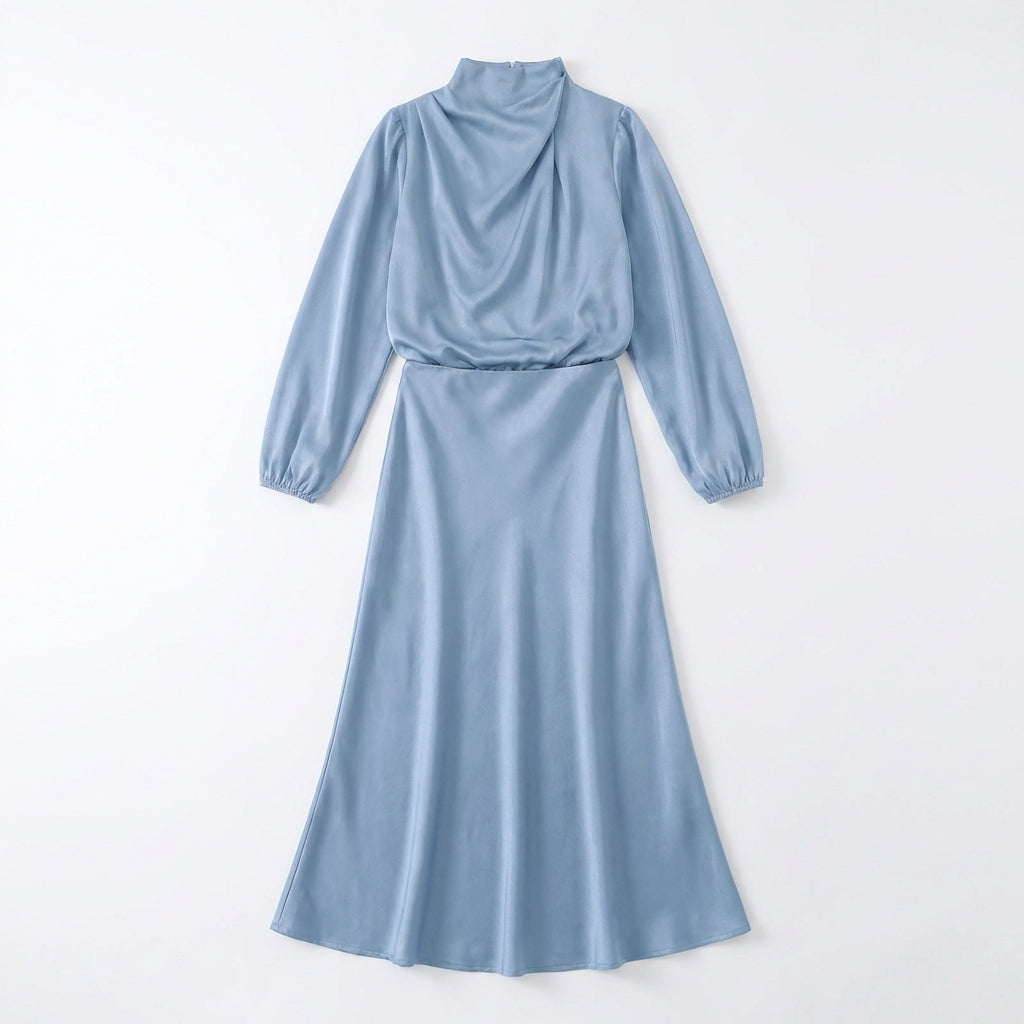 Elegant Temperament Long-sleeved Dress Satin Halterneck Formal Evening Dresses Women Clothing