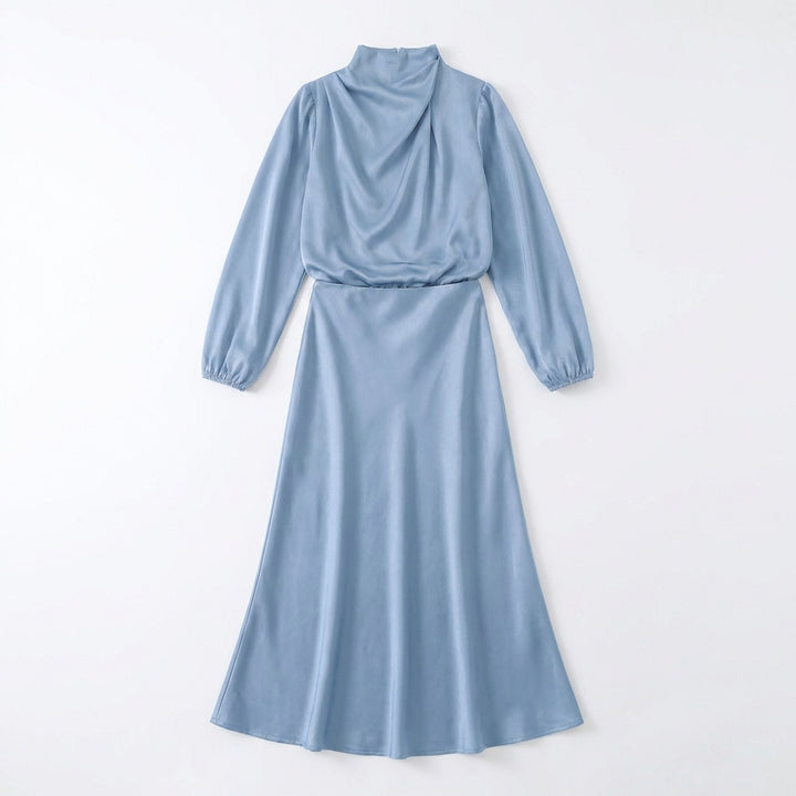 Elegant Temperament Long-sleeved Dress Satin Halterneck Formal Evening Dresses Women Clothing