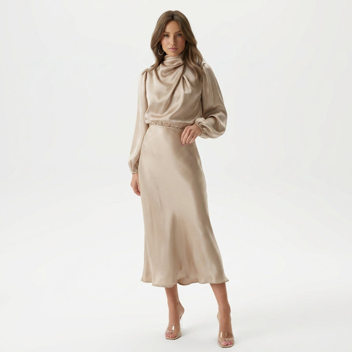Elegant Temperament Long-sleeved Dress Satin Halterneck Formal Evening Dresses Women Clothing