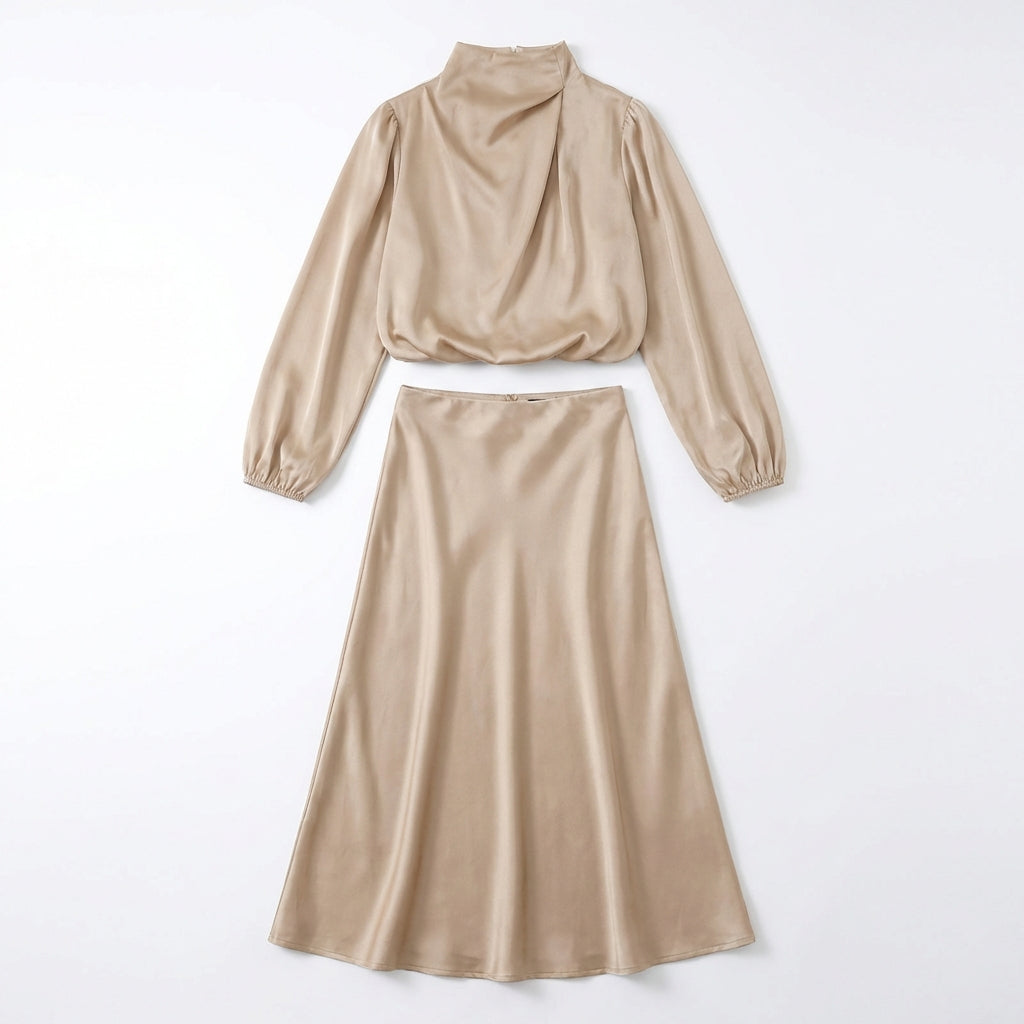 Elegant Temperament Long-sleeved Dress Satin Halterneck Formal Evening Dresses Women Clothing