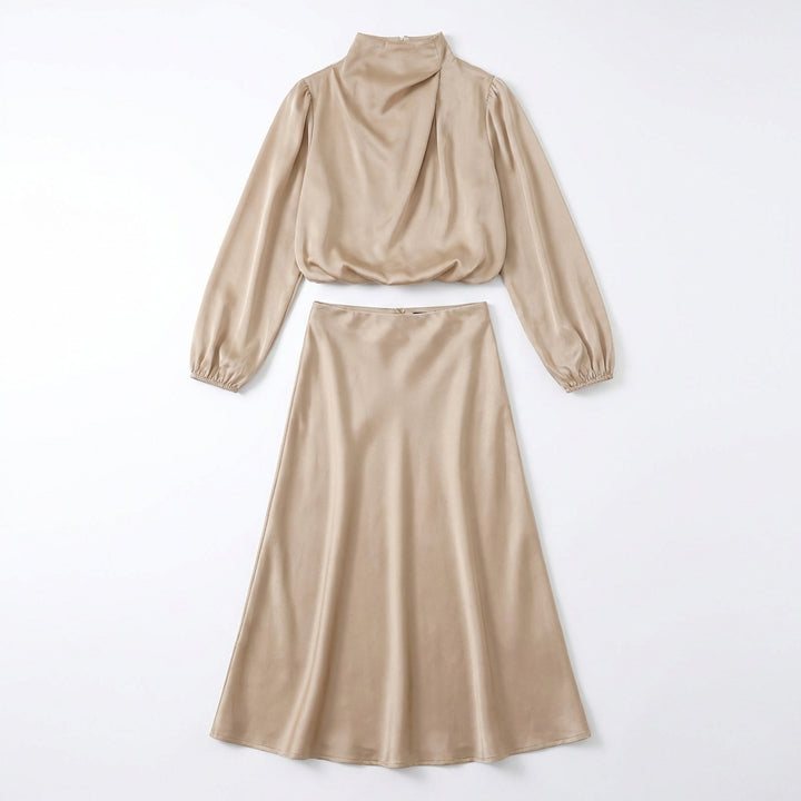 Elegant Temperament Long-sleeved Dress Satin Halterneck Formal Evening Dresses Women Clothing