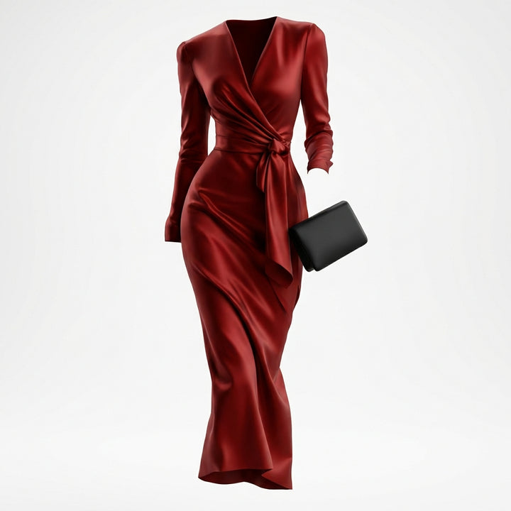 Women's Burgundy Satin Midi Dress Elegant V-Neck Long Sleeve Bodycon Dress With Belted Waist