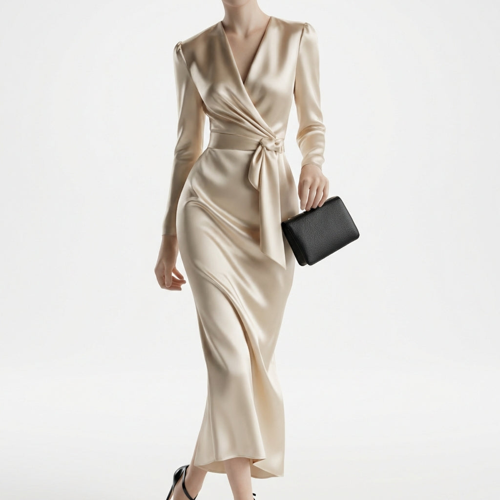 Women's Burgundy Satin Midi Dress Elegant V-Neck Long Sleeve Bodycon Dress With Belted Waist
