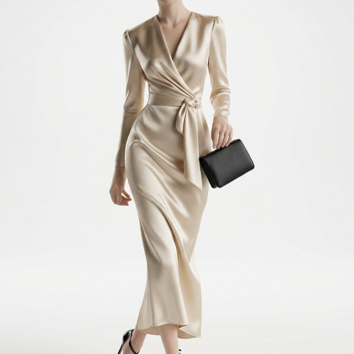 Women's Burgundy Satin Midi Dress Elegant V-Neck Long Sleeve Bodycon Dress With Belted Waist