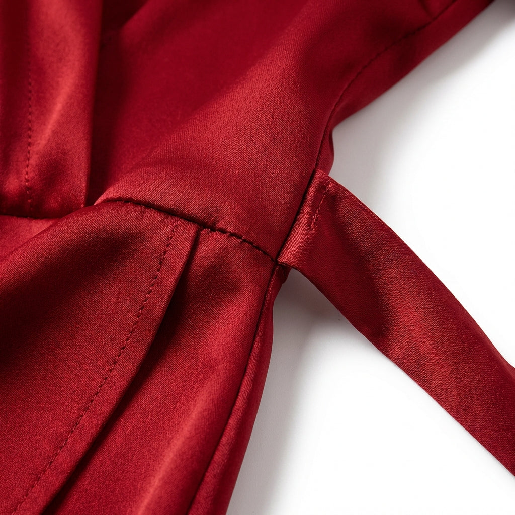 Women's Burgundy Satin Midi Dress Elegant V-Neck Long Sleeve Bodycon Dress With Belted Waist