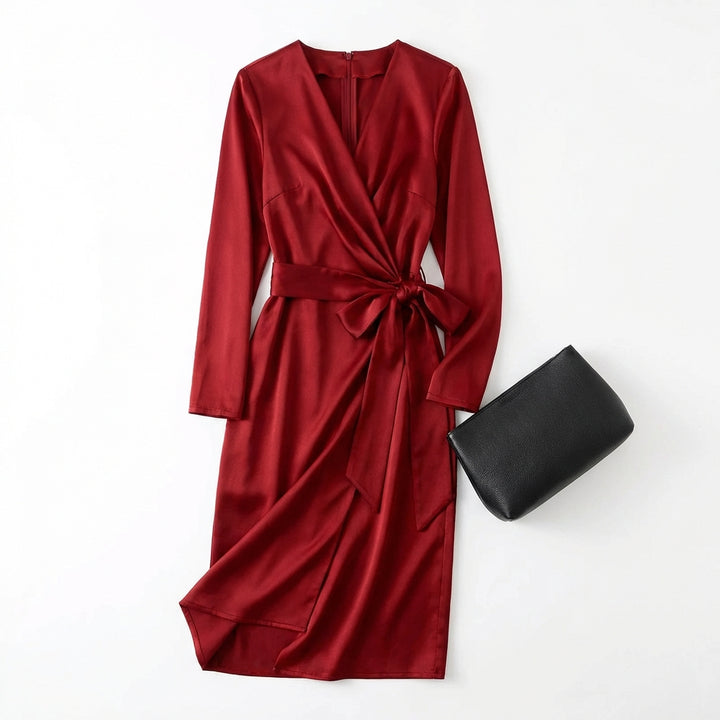 Women's Burgundy Satin Midi Dress Elegant V-Neck Long Sleeve Bodycon Dress With Belted Waist