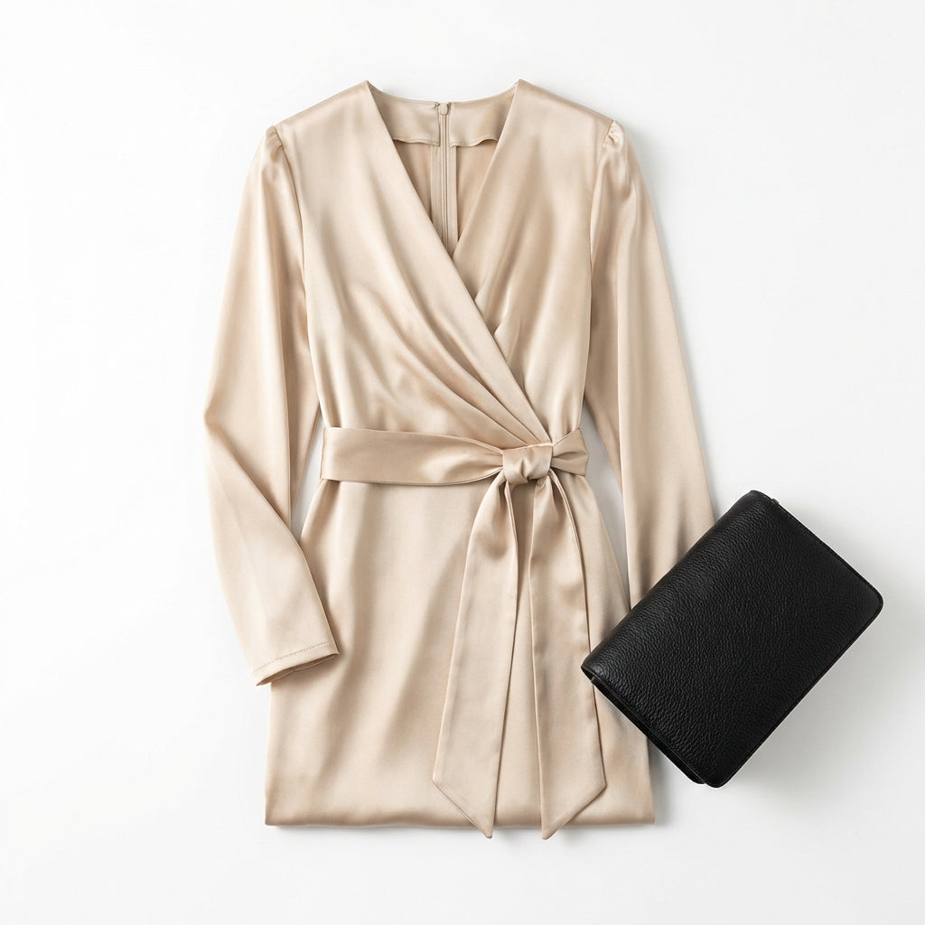 Women's Burgundy Satin Midi Dress Elegant V-Neck Long Sleeve Bodycon Dress With Belted Waist