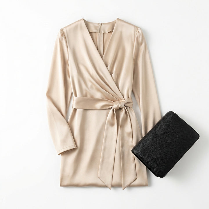 Women's Burgundy Satin Midi Dress Elegant V-Neck Long Sleeve Bodycon Dress With Belted Waist