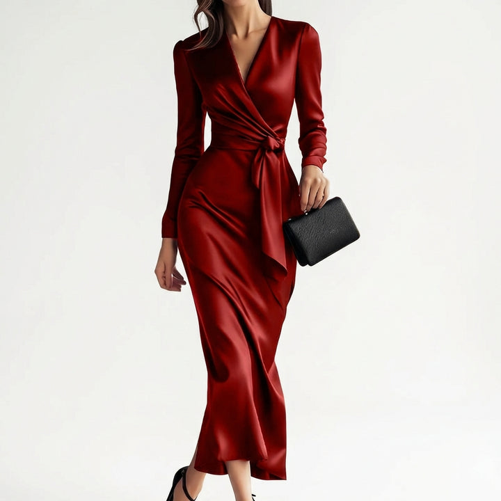 Women's Burgundy Satin Midi Dress Elegant V-Neck Long Sleeve Bodycon Dress With Belted Waist